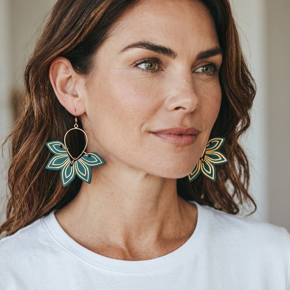 Nickel & Suede Green Gold Floral Statement Earrings Flower Dangle